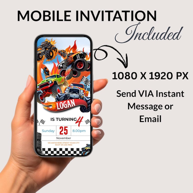 Monster Truck Birthday Invitation, Racing Birthday Invitation, Cars Birthday Invitation, Boy Birthday Party Invitation, Editable in Canva