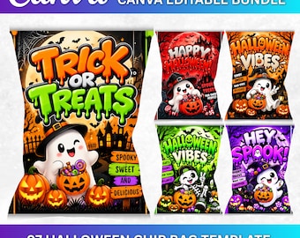 Halloween Chip Bag Bundle, 7 Editable Templates, Halloween Party Favor, Printable Chip Bag Wrapper, Trick or Treat Favor, Instant Download