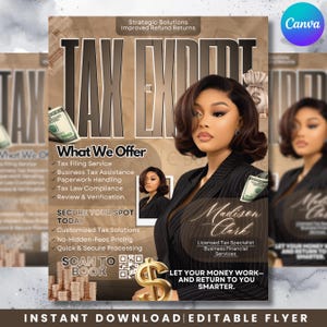 Può includere: Un volantino promozionale per un esperto fiscale, con una donna in un blazer gessato nero. Il volantino include testo come "Tax Expert", "What We Offer" e "Secure Your Spot Today". Un segno del dollaro dorato è ben visibile.