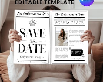 Quinceanera Save The Date Newspaper, Quince Photoshoot Newspaper, Quinceañera invitation, Newspaper Invite, Canva Editable, Digital Download