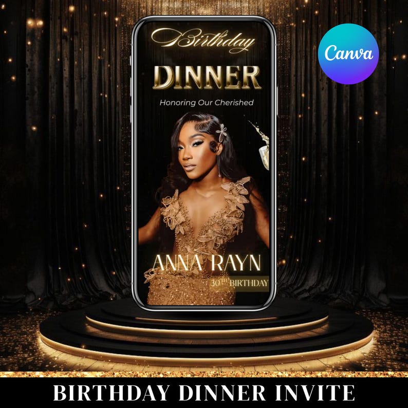 Luxury Gold Birthday Dinner Evite, Elegant Women's Digital Invitation, Elegant Lux Gold Birthday Dinner Invitation, Instant Download