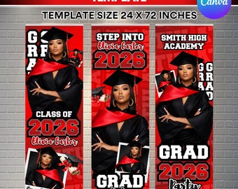 03 Graduation Banner Canva Editable Template, Red Graduation Banner for Grad Parties, Class of 2026 Celebration, Large Format, Printable