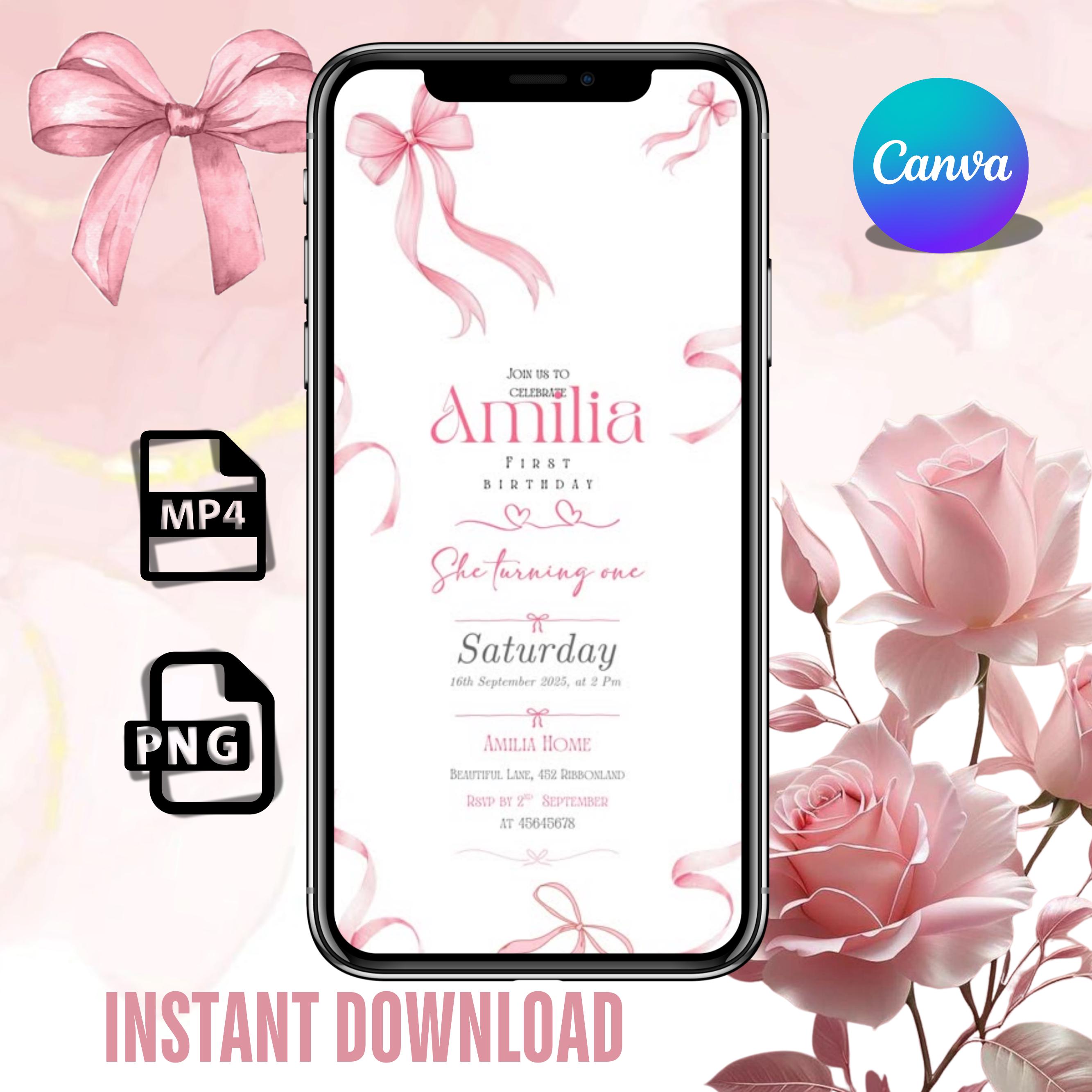 Animated Pink Bow Birthday Invitation, Pink Bow Evite, Coquette Girl ...