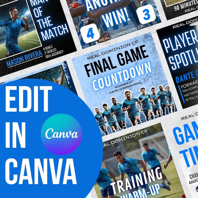 30 Soccer Social Media Templates, Game Day, Player Stats, Match Schedules & More, Boys Soccer Templates, 3 Sizes Included, Editable in Canva