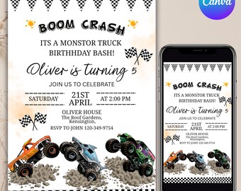 Monster Truck Birthday Invitation, Watercolor Trucks Party, Racing Birthday Invitation, Cars Birthday Invitation, DIY Text, Canva Editable