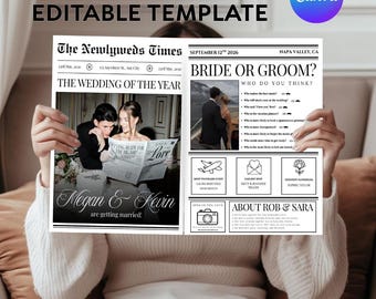 Wedding Newspaper Template, Wedding Newspaper Template with Photo, Newlywed Times, Wedding Program, Newspaper Itinerary, Canva Editable