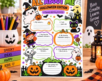 Halloween All About Me Printable Worksheet for Kids, Halloween Writing Activity, Elementary Classroom Party Fall Resource Digital Download