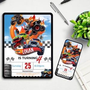 Monster Truck Birthday Invitation, Racing Birthday Invitation, Cars Birthday Invitation, Boy Birthday Party Invitation, Editable in Canva