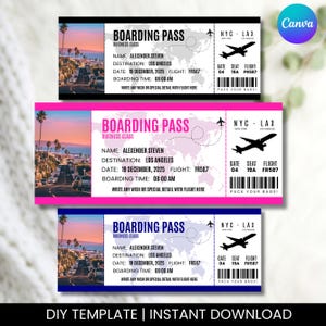 Puede incluir: Tres plantillas de tarjetas de embarque en negro, rosa y azul, cada una con el texto "BOARDING PASS" y el destino "LOS ANGELES". Las tarjetas incluyen detalles del vuelo, un mapa del mundo y una silueta de avión. También se incluye el texto "PACK YOUR BAGS!"