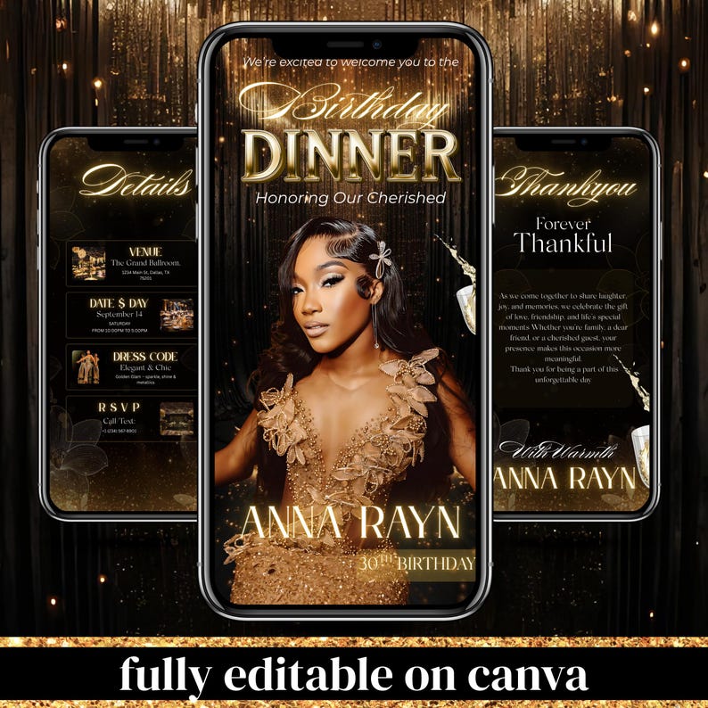 Luxury Gold Birthday Dinner Evite, Elegant Women's Digital Invitation, Elegant Lux Gold Birthday Dinner Invitation, Instant Download