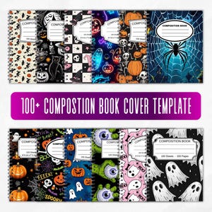 Puede incluir: Una colección de cuadernos de espiral con portadas de temática de Halloween que incluyen calabazas, fantasmas, arañas, calaveras y patrones de neón. Cada portada incluye una etiqueta blanca con el texto COMPOSITION BOOK y 100 Sheets.