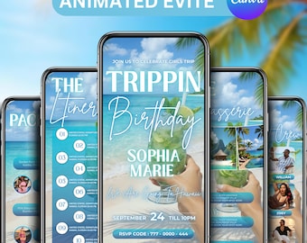 Blue Birthday Trip Invitation, Digital Travel itinerary, Birthday Weekend Invitation, Birthday Girl Travel, Instant Download, Canva Editable