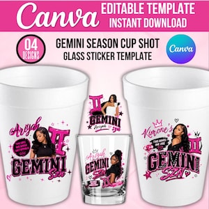 Op de afbeelding: Witte schuimrubberen bekers en een glas met Gemini-thema ontwerpen. De ontwerpen bevatten de tekst "Gemini Szn", namen en afbeeldingen van vrouwen. De afbeelding bevat ook de tekst "Bewerkbare sjabloon" en "Direct downloaden".
