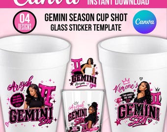 Gemini SZN Cup Shot Glass Template, Gemini Custom Photo, Zodiac Signs, Birthday Party Favor Sticker, Gemini Season Birthday Cup, DIY Canva