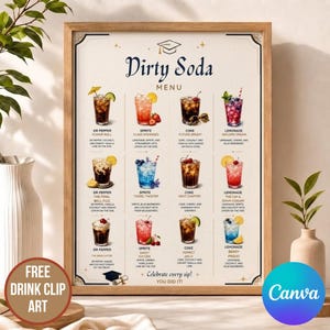 May include: A framed "Dirty Soda" menu featuring various soda concoctions. The menu includes drink names and ingredient lists, with a graduation cap graphic at the top. The bottom right corner has a "Canva" logo.