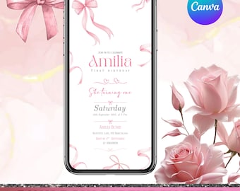 Animated Pink Bow Birthday Invitation, Pink Bow Evite, Coquette Girl 1st Digital Evite, Soft Pastel Watercolor Ribbon, Editable in Canva