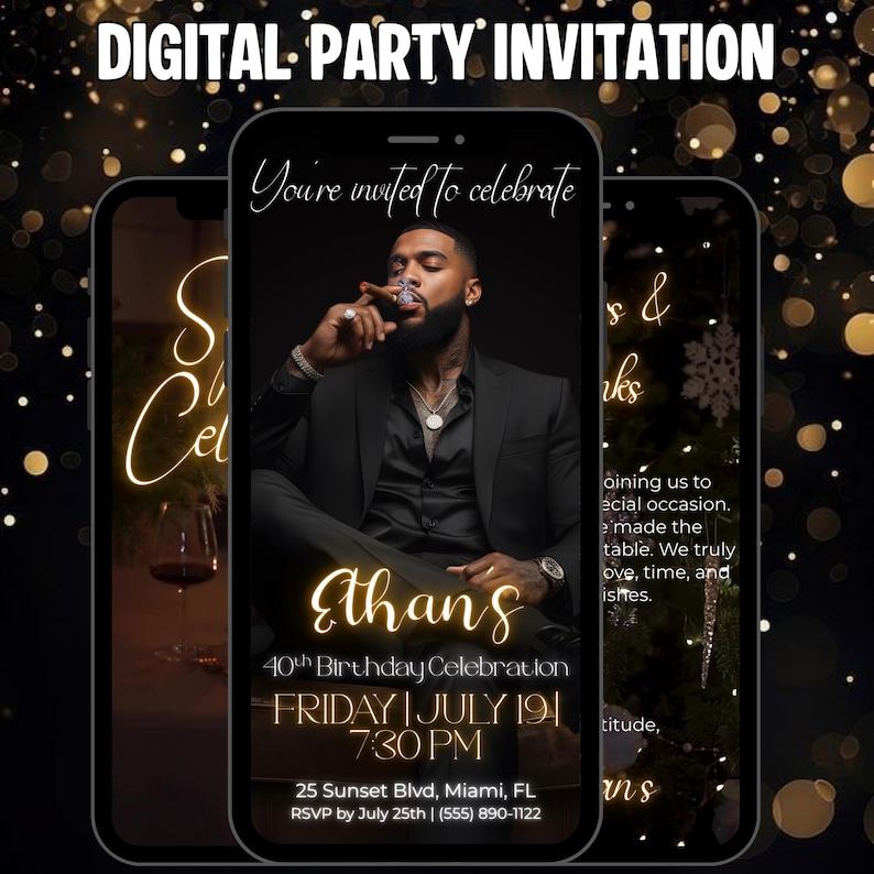 Animated Birthday Dinner Invitation, Men's Party Video Invite, Premade Gold Party Celebration, 30th 40th 50th Men's Birthday, Canva Editable
