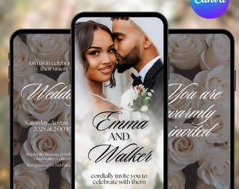 Animated Wedding Invitation, Elegant White Digital Wedding Video, Electronic Wedding Video, Editable Digital Canva Evite, Instant Download