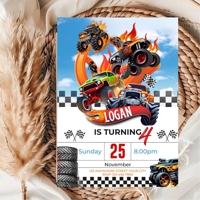 Monster Truck Birthday Invitation, Racing Birthday Invitation, Cars Birthday Invitation, Boy Birthday Party Invitation, Editable in Canva