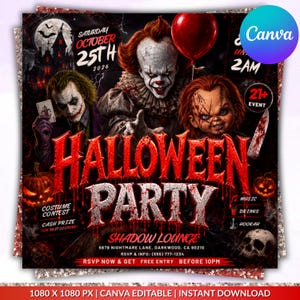 Puede incluir: Un folleto de fiesta de Halloween con el Joker, Pennywise y Chucky, un globo rojo, una casa encantada y calabazas. El texto dice Halloween Party, Shadow Lounge, 25 de octubre de 2026, evento 21+, concurso de disfraces, música, bebidas y cachimba.