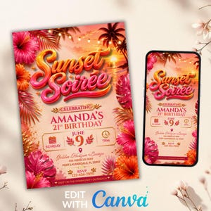 Sunset Soirée Summer Party Invitation, Tropical Beach Party Invite, Hibiscus Floral Birthday, Instant Download, Canva Editable