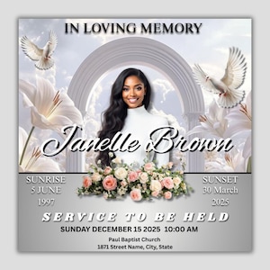 Memorial Funeral Announcement Flyer, beige sky funeral Announcement flyer, Funeral Announcement Template, Rest In Peace, Canva Editable