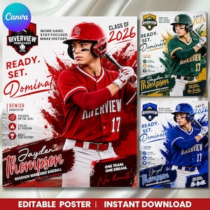 Sjabloon voor een seniorbanner voor honkbal, spelersbanner en herinneringskaart, senioravond, sportfotografie, bewerkbaar in Canva