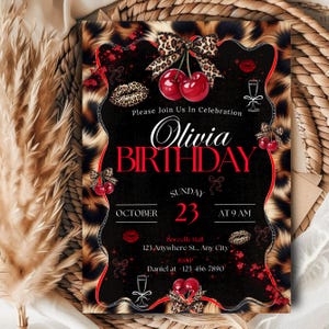 Cheetah Print Birthday Invitation, Leopard Print Birthday Invitation, Black Bow Coquette Party, Instant Download, Printable, Canva Editable