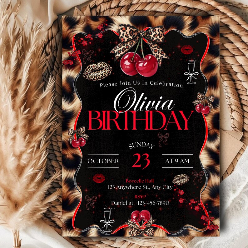 Cheetah Print Birthday Invitation, Leopard Print Birthday Invitation, Black Bow Coquette Party, Instant Download, Printable, Canva Editable