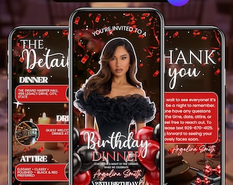 Black Red Birthday Dinner Invitation, Editable Canva Template, Adult Birthday Party Evite, Elegant Birthday Dinner Invite, Instant Download