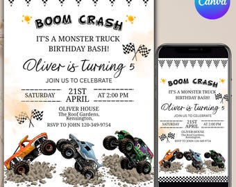 Monster Truck Birthday Invitation, Watercolor Trucks Party, Racing Birthday Invitation, Cars Birthday Invitation, DIY Text, Canva Editable