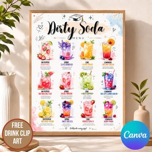 Könnte beinhalten: Ein gerahmtes Dirty Soda Menü Poster mit Aquarellillustrationen verschiedener Sodagetränke. Das Poster enthält den Text "Dirty Soda Menu" und zeigt Getränkenamen wie "Dr Pepper Honor Roll" und "Sprite Class Dismissed".