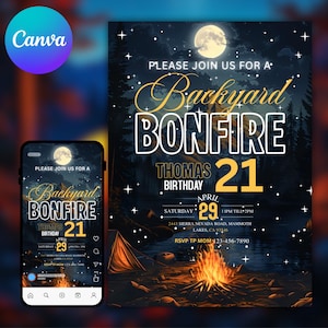 Puede incluir: Invitación digital para una fiesta de cumpleaños con fogata en el jardín. El diseño presenta una escena nocturna con una fogata, una tienda de campaña y una luna llena. El texto dice "Backyard Bonfire" y "Thomas 21st Birthday".