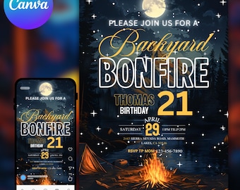 Backyard Bonfire Birthday Invitation, Campfire Party Invite, Outdoor Bonfire Bash, Camping Birthday Invitation, Editable Canva Template