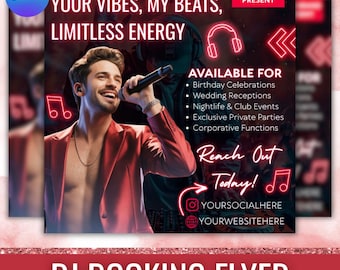 DJ Booking Flyer Template, Music Artist Flyer, Promotion for Birthdays, Weddings, Club & Corporate Events, Editable in Canva