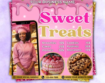 Bäckerei Flyer Vorlage, Süße Leckereien & Backverkauf Flyer, Konditorei, Kuchen Geschäft, Dessertmenü Flyer, Canva bearbeitbar, Sofort-Download