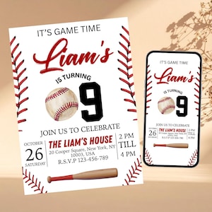 May include: Baseball-themed birthday invitation featuring the text "It's Game Time" and "Liam's is turning 9." The invitation includes a baseball graphic, a baseball bat, and event details. A smartphone displays the same design.