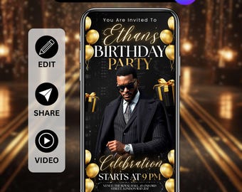 Animated Birthday Dinner Invitation, Men's Birthday Video, Gold Celebration Party Evite, 30th 40th 50th Birthday Invite, Canva Editable