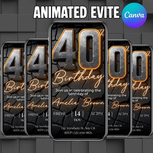 Puede incluir: Diseño de Evite animado para una celebración de 40 cumpleaños. El diseño presenta un fondo negro con una textura agrietada, grandes números plateados con un brillo naranja y el texto "Cumpleaños" en una fuente de escritura. La invitación incluye el nombre Amelia Brown, la fecha, la hora y la información de RSVP.