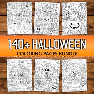 May include: A digital collection of 140+ Halloween coloring pages featuring black and white line art illustrations of zombies bowling, a haunted tree house, skeletons in a cauldron, an ice cream truck, a pirate skeleton, and a vampire.