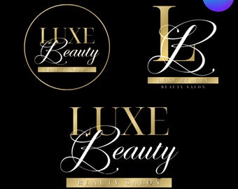 Luxury Gold Beauty Logo Set, Elegant Premade Logos, Salon Branding, Lash Hair Aesthetic Business, DIY Canva Editable Logo