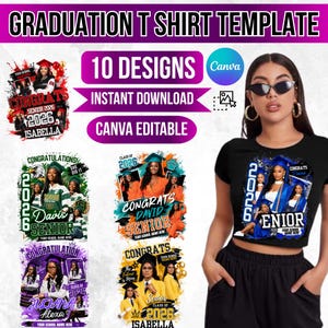 以下が含まれることがあります： 卒業デザインの黒いTシャツで、「2026 SENIOR」の文字と卒業生の写真を掲載しています。画像には、「GRADUATION T SHIRT TEMPLATE」の文字が入った卒業Tシャツのデザインテンプレートもいくつか表示されています。