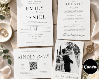 Wedding Invitation Suite Template Editable Photo Invite Set Minimal Details RSVP Cards Printable Wedding Bundle, Digital Download, DIY Canva