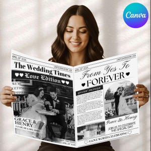 Peut inclure: Un journal de mariage en noir et blanc avec le titre "The Wedding Times Love Edition". Le journal présente des photos du couple, Grace & Henry, et le texte "From Yes To Forever". La date est le 26 avril 2026.