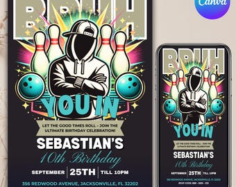 Bruh You In? Bowling Birthday Invitation, Neon Gamer Birthday Invitation, Teenager Birthday, Boy Party, Neon Bday Card, Any Age, DIY Canva