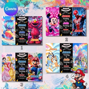 Puede incluir: Una colección de coloridas invitaciones de cumpleaños con personajes de dibujos animados populares como Stitch, Elmo, Minnie Mouse, Spider-Man, Mario, princesas de Disney y Bluey. Cada invitación incluye los nombres "James" y "Jade", la edad "5" y la fecha "14 de octubre de 2025".