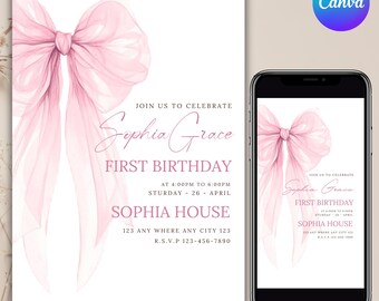 Coquette Pink Bow Birthday Invitation, Birthday Printable Invite, Editable Girl Birthday Invite, Girl Party Invite, DIY Text, Canva Editable