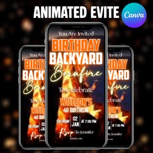 Inbjudan till bakgårdsbrasa för födelsedagar, festinbjudan för brasläger, animerad digital inbjudan till brasa, brasfest för vuxna, grillfest, gör-det-själv-canvas
