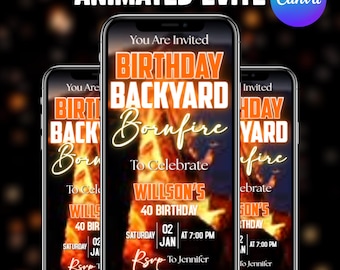 Birthday Backyard Bonfire Invitation, Bonfire Camp Party Evite, Bonfire Animated Digital Evite, Adult Bonfire Party, BBQ Party, DIY Canva
