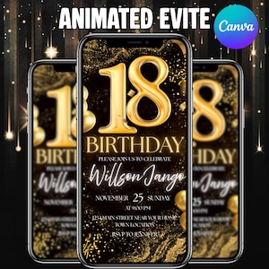Può includere: Invito animato per il 18° compleanno su schermo di smartphone. Il design presenta palloncini dorati, coriandoli e il testo "18 Birthday" e i dettagli dell'evento. Il logo Canva è in alto a destra.